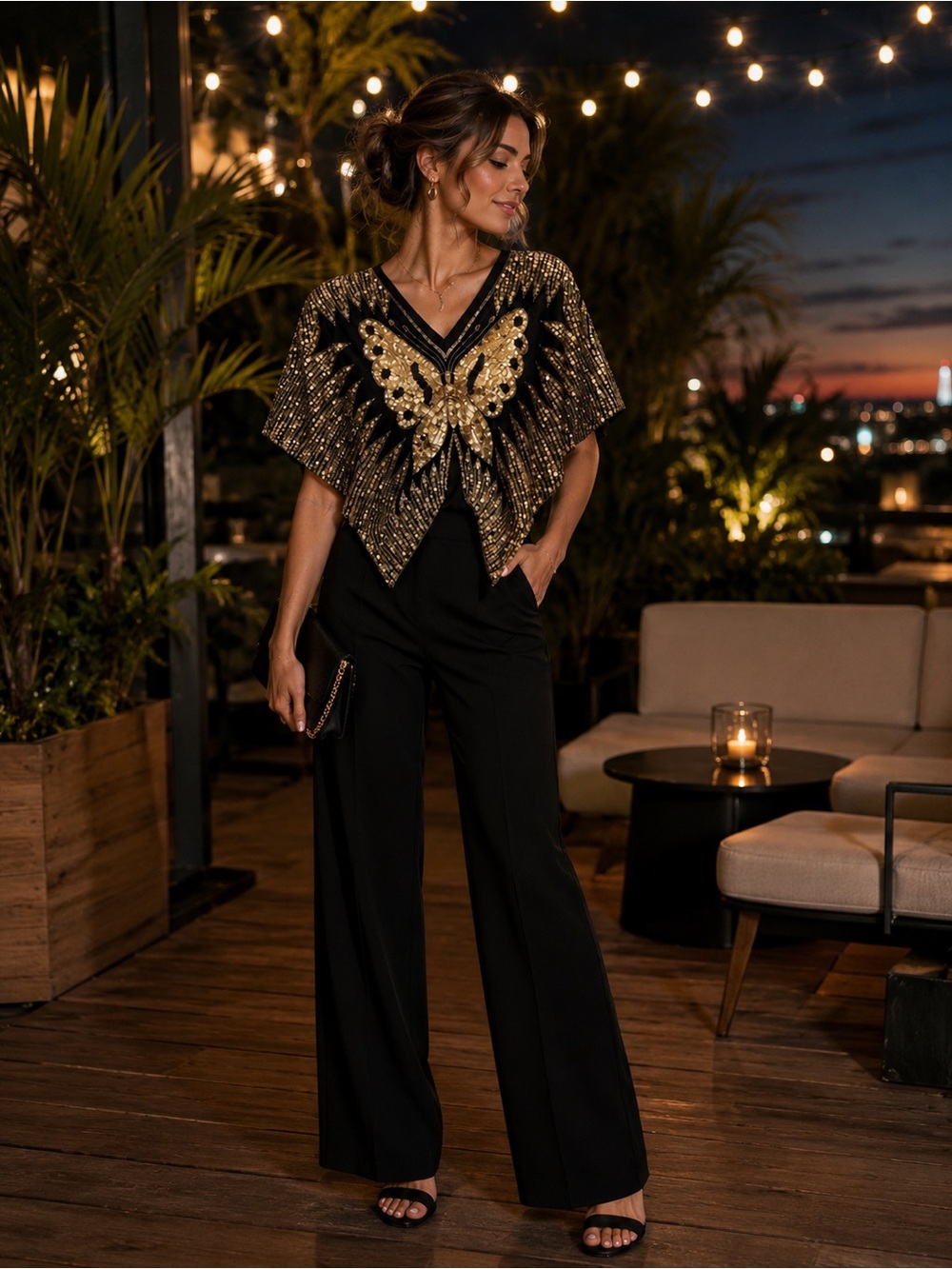Black Sequin Butterfly Capelet with Gold Embellishment